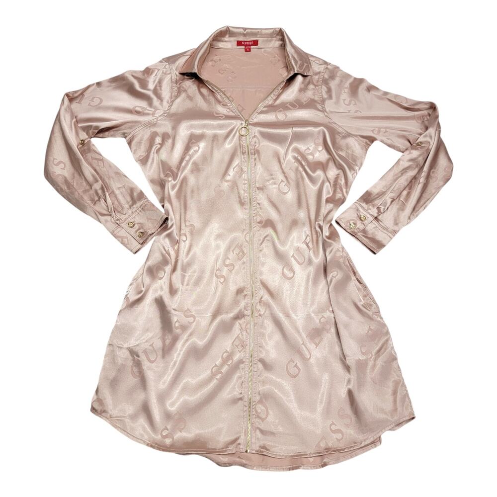 Guess Womens XL Satin Shirt Dress Pink Zip Up Long Sleeve All Over Logo